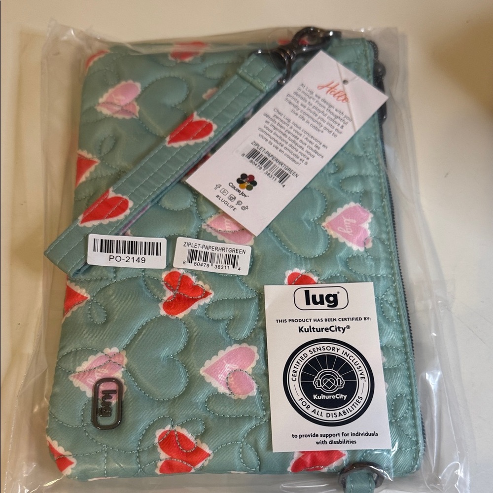 New. Lug. Ziplet. Paper hearts green.